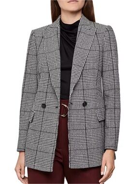 REISS Tanna Houndstooth Checked Blazer Jacket Wool Blend Black Grey White Sz 10